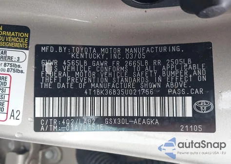 2005 Toyota Avalon Xls from USA, damaged, VIN 4T1BK36B35U021756